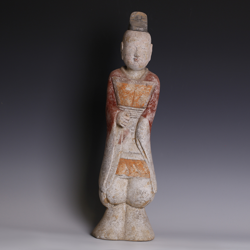 Large Han Polychrome Terracotta Figurine of a Male Court Attendant Large Han Polychrome Terracotta Figurine of a Male Court Attendant