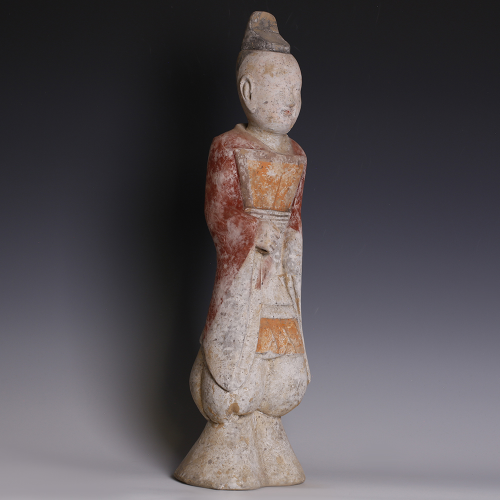 Large Han Polychrome Terracotta Figurine of a Male Court Attendant Large Han Polychrome Terracotta Figurine of a Male Court Attendant