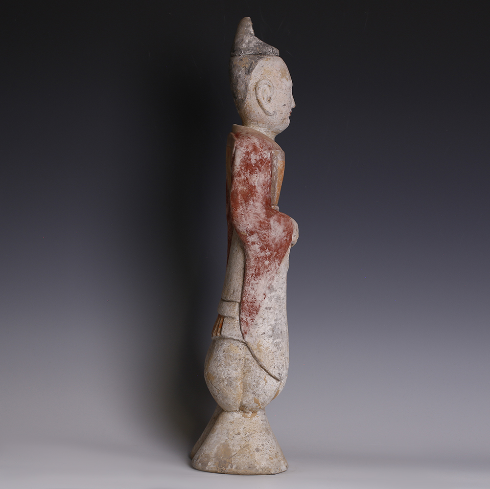 Large Han Polychrome Terracotta Figurine of a Male Court Attendant Large Han Polychrome Terracotta Figurine of a Male Court Attendant