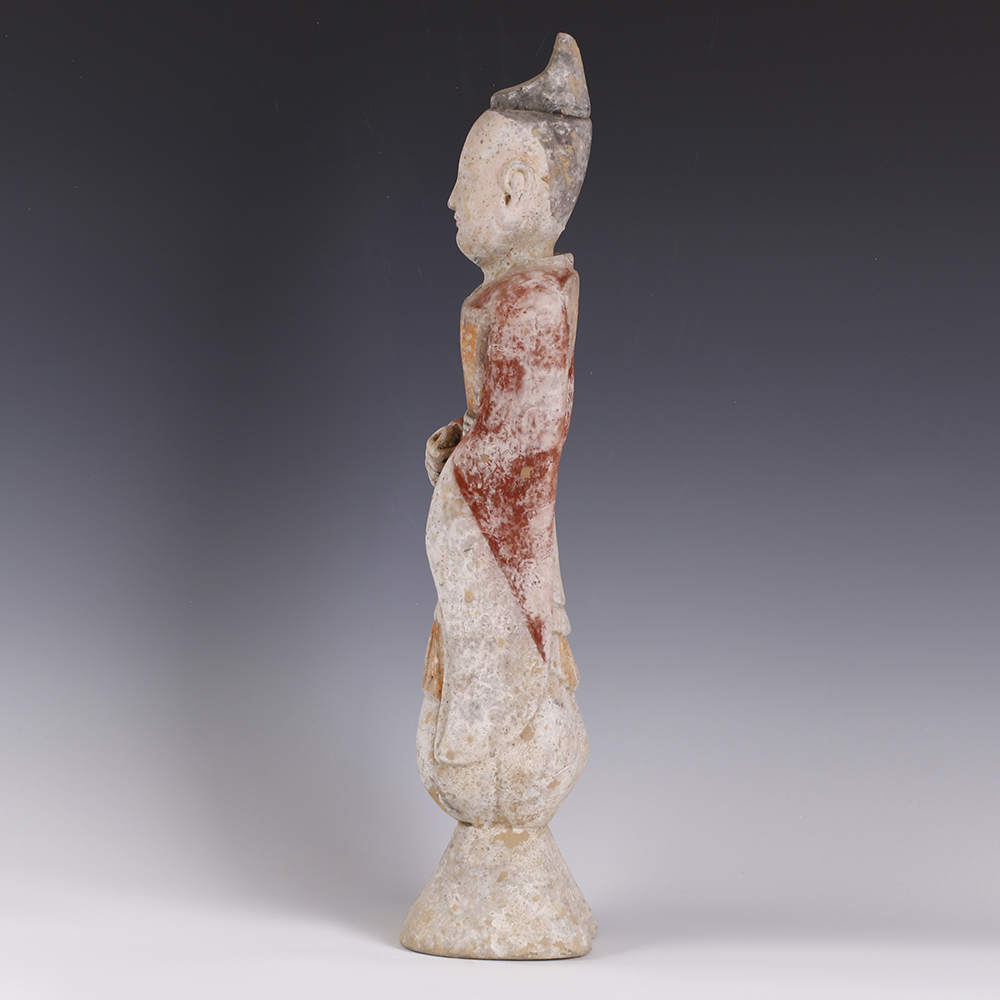 Large Han Polychrome Terracotta Figurine of a Male Court Attendant Large Han Polychrome Terracotta Figurine of a Male Court Attendant