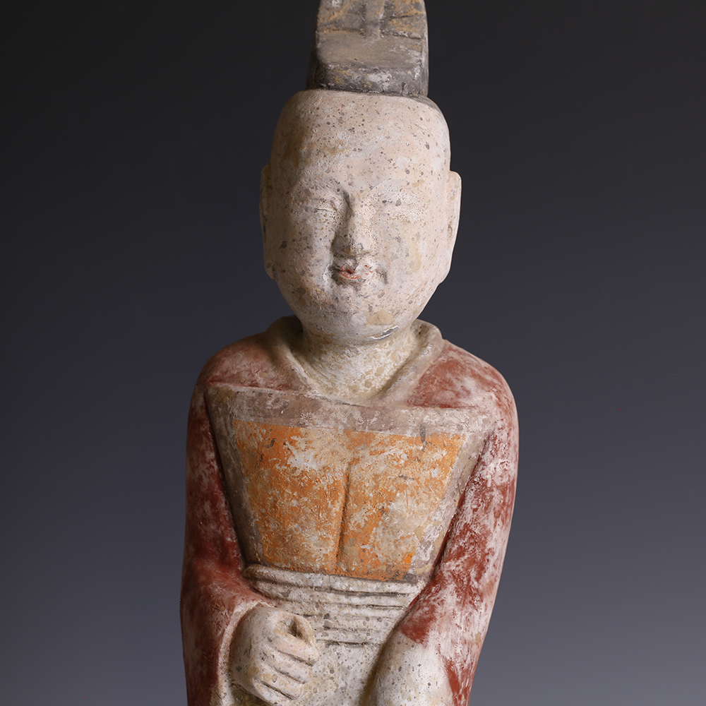 Large Han Polychrome Terracotta Figurine of a Male Court Attendant Large Han Polychrome Terracotta Figurine of a Male Court Attendant