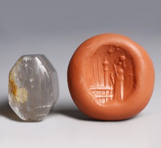 assyro-babylonian chalcedony stamp seal with cultic scene