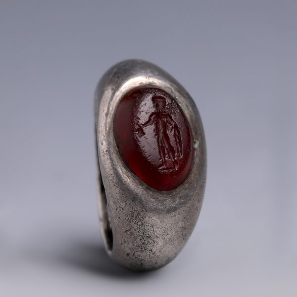 Ancient Roman Silver Ring with Garnet Intaglio of Mercury