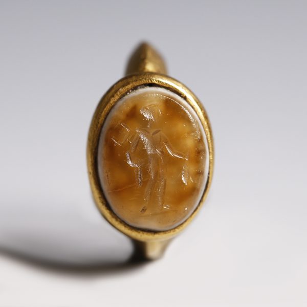 Ancient Roman Solid Gold Intaglio Ring with Mercury