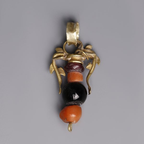 Greek Hellenistic Gold Pendant with Dolphins and Beads