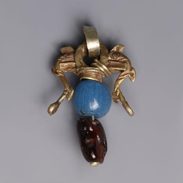 Greek Hellenistic Gold Pendant with Dolphins and Garnet