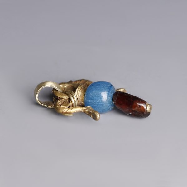 Greek Hellenistic Gold Pendant with Dolphins and Garnet