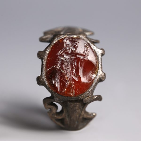 Ancient Roman Silver Ring with Carnelian Intaglio of Mars
