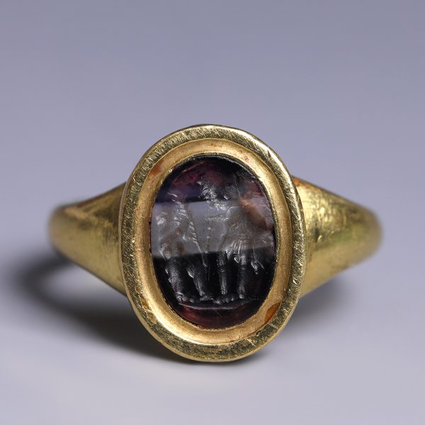 Ancient Roman Gold Ring with Intaglio of Faustulus and Romulus