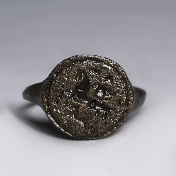 Ancient Roman Bronze Signet Ring with Hunting Scene