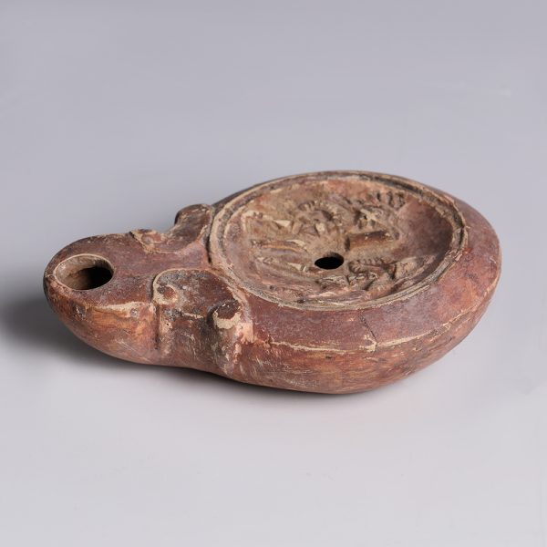 Ancient Roman Terracotta Oil Lamp with Gladiator Fight