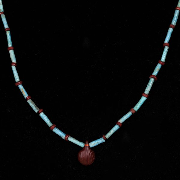 Egyptian Turquoise Faience Necklace with Carnelian Shell Amulet