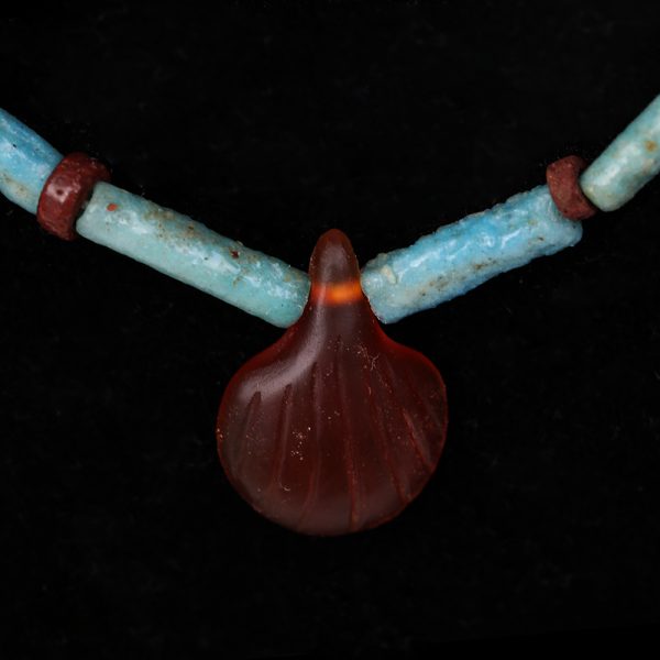 Egyptian Turquoise Faience Necklace with Carnelian Shell Amulet