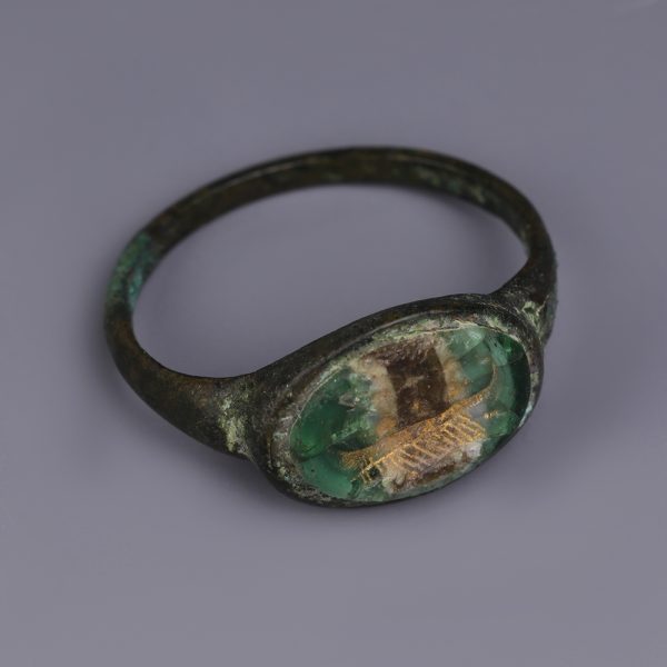 Roman Bronze Ring with Galley Intaglio