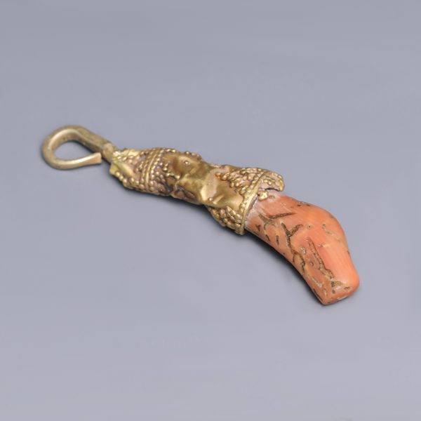 Near Eastern-Western Asiatic Gold and Coral Foot Pendant