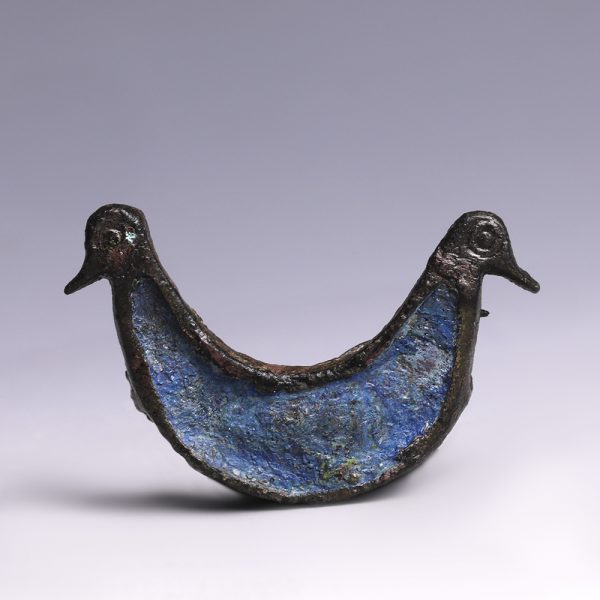 Romano-British Enamelled Bronze Plate Brooch with Bird-Head Finials