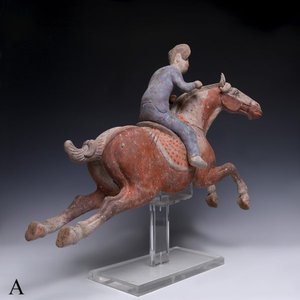 Pair of Tang Dynasty Terracotta Female Polo Players with Horses