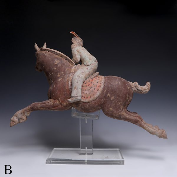 Pair of Tang Dynasty Terracotta Female Polo Players with Horses