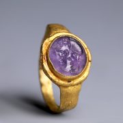Ancient Roman Gold Ring with Amethyst Intaglio of a Gryllos