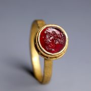 Ancient Roman Gold Ring with Garnet Intaglio of Socrates