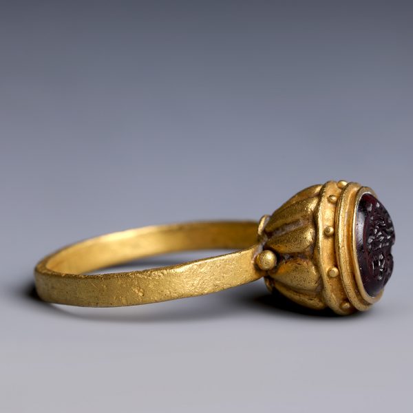Ancient Roman Gold Ring with Garnet Intaglio of Socrates