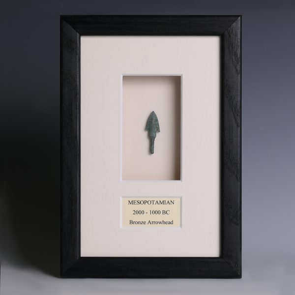 Framed Mesopotamian Bronze Barbed Arrowhead