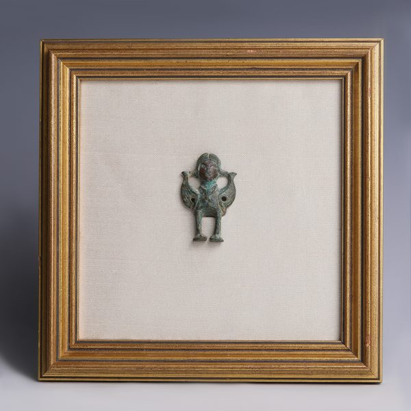 Framed Ordos Human-Animal Bronze Plaque