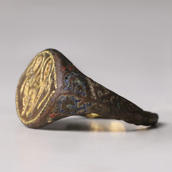 Medieval Bronze and Gold Plated Ring with Saints
