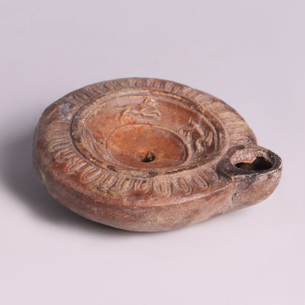 Ancient Roman Terracotta Oil Lamp with Rabbits and Dogs