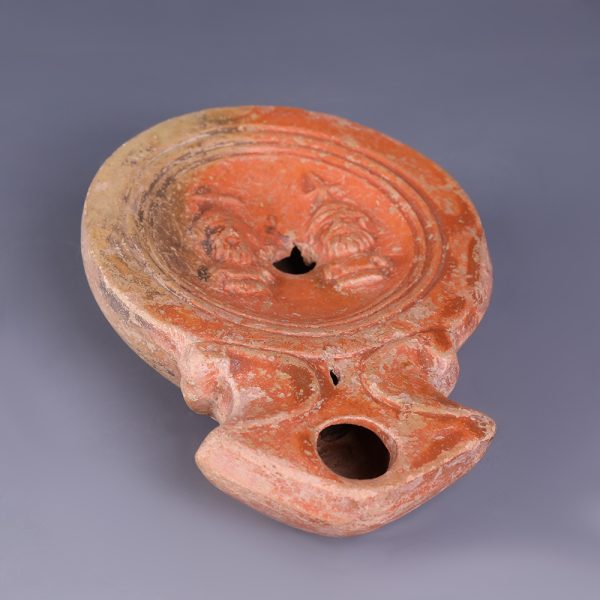 Ancient Roman Terracotta Oil Lamp with Two Cabiri