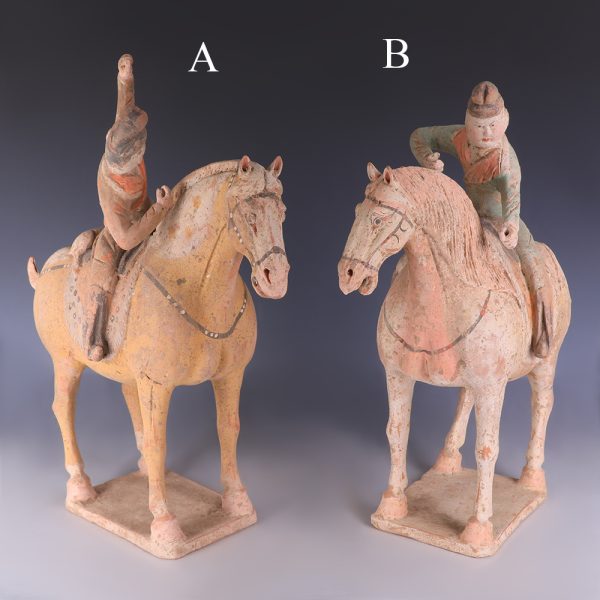 Pair of Chinese Tang Dynasty Statues of Horse and Rider
