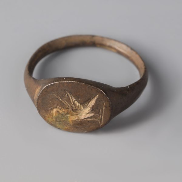Ancient Roman Bronze Ring with an Engraved Bezel of a Bird