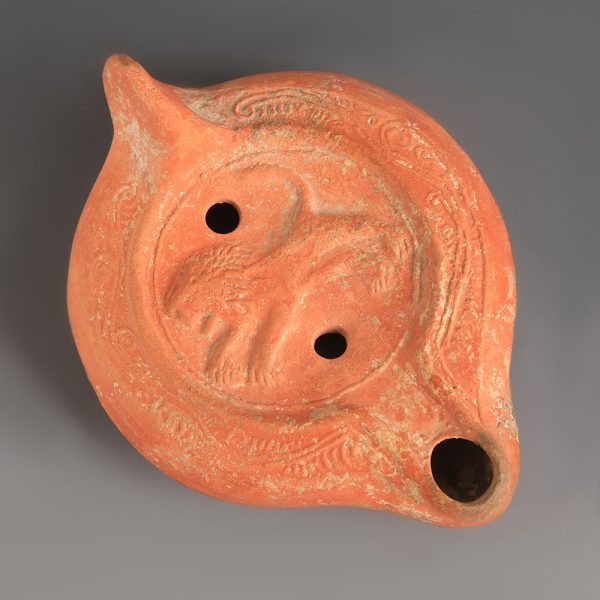 Large Ancient Roman Terracotta Oil Lamp with Lion