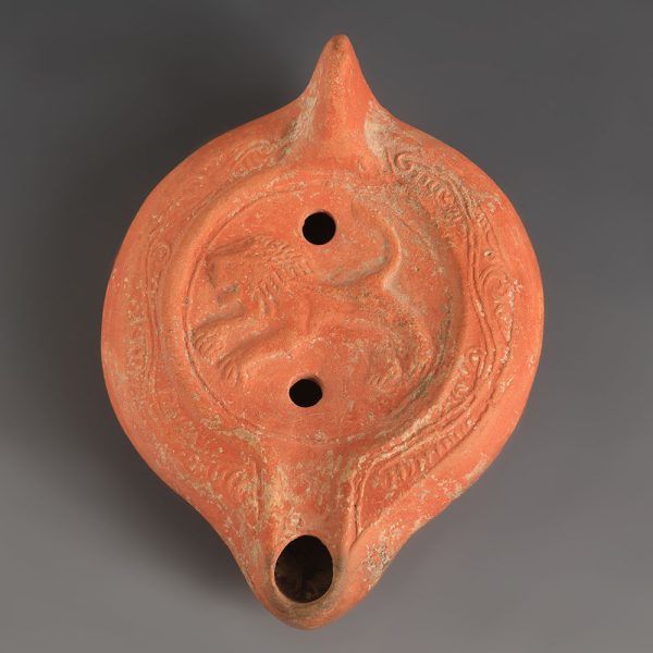 Large Ancient Roman Terracotta Oil Lamp with Lion