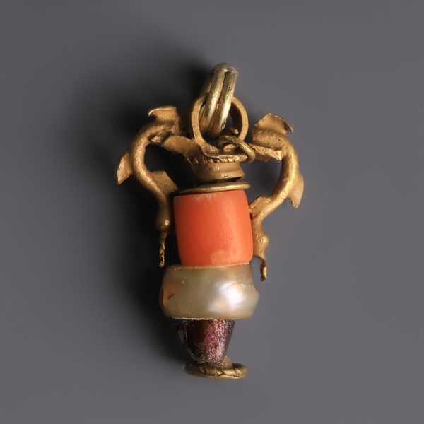 Ancient Greek Hellenistic Gold, Coral and Pearl Amphora Pendant with Dolphins