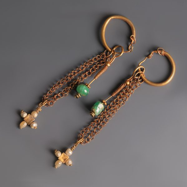 Byzantine Gold Earrings with Pearl and Garnet Crosses