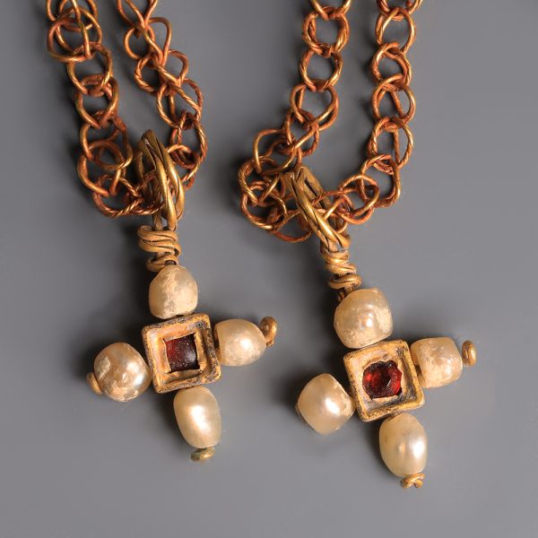 Byzantine Gold Earrings with Pearl and Garnet Crosses