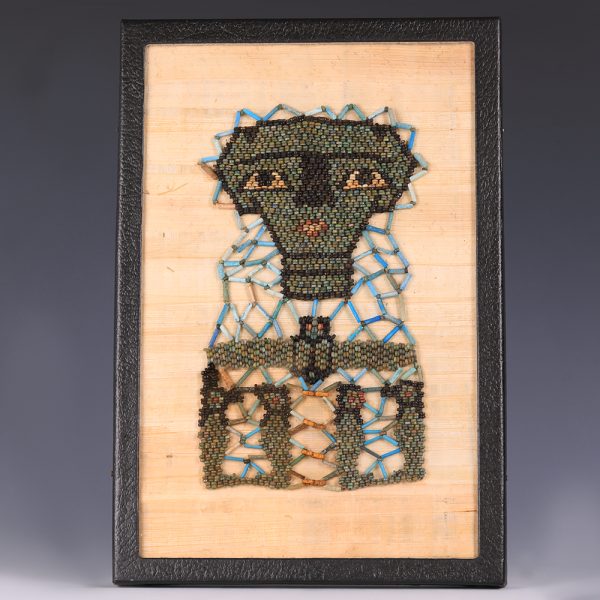 Framed Beaded Mummy Mask with Funerary Face, Four Sons of Horus and Winged Scarab
