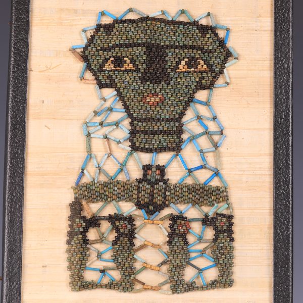 Framed Beaded Mummy Mask with Funerary Face, Four Sons of Horus and Winged Scarab