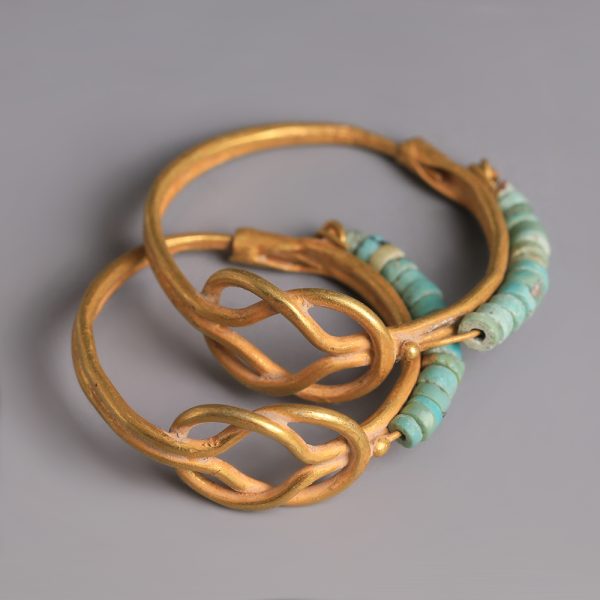 Ancient Greek Hellenistic Gold Earrings with Herakles Knot and Turquoise Beads