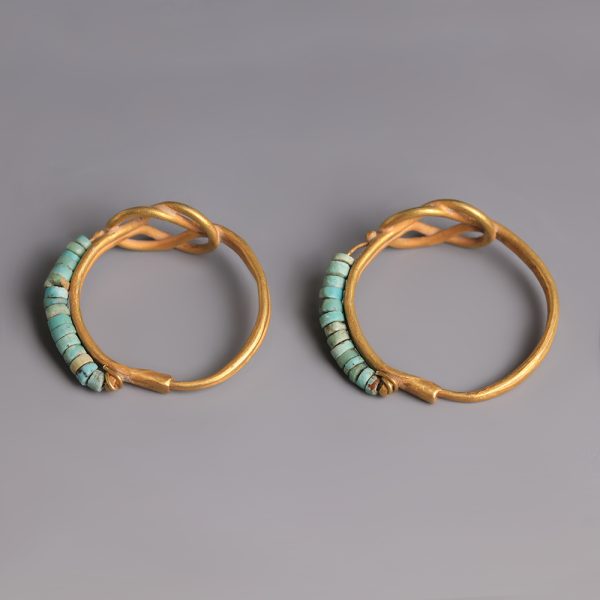 Ancient Greek Hellenistic Gold Earrings with Herakles Knot and Turquoise Beads