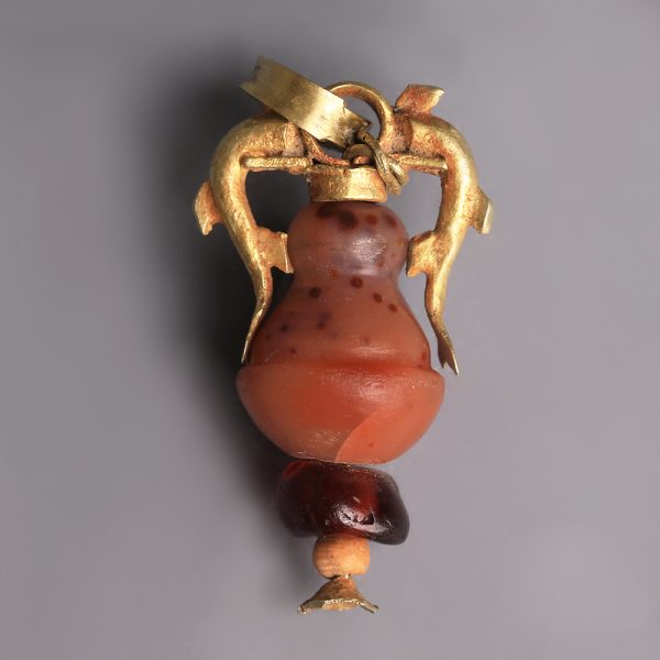 Ancient Greek Hellenistic Gold, Carnelian and Garnet Dolphin Amphora Pendant