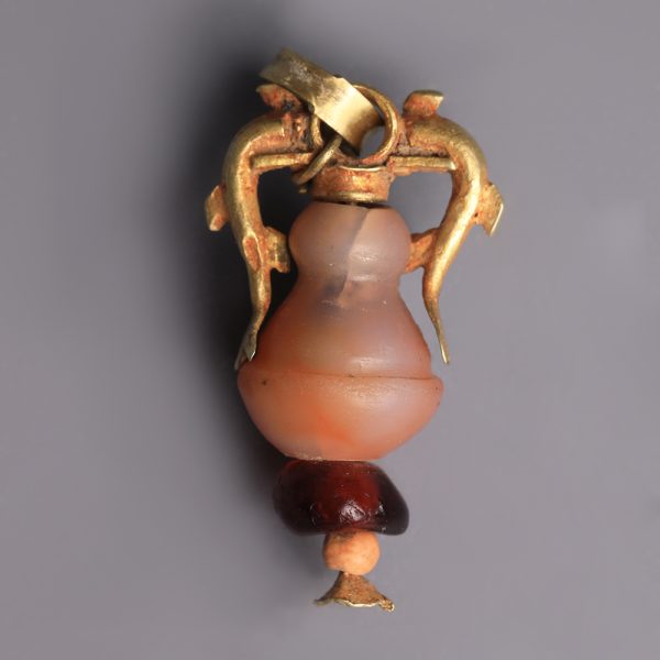 Ancient Greek Hellenistic Gold, Carnelian and Garnet Dolphin Amphora Pendant