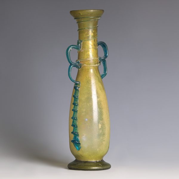 Exquisite Roman Yellow Glass Flask with Aquamarine Handles