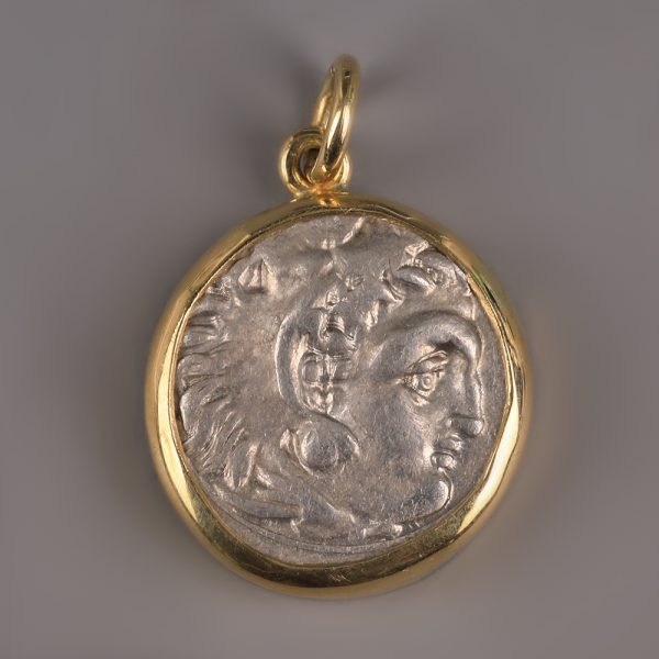 Ancient Greek Alexander the Great Silver Drachm Pendant with Gold Frame