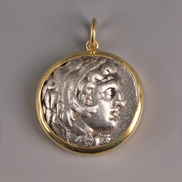 Ancient Greek Alexander the Great Silver Tetradrachm Pendant with Gold Frame