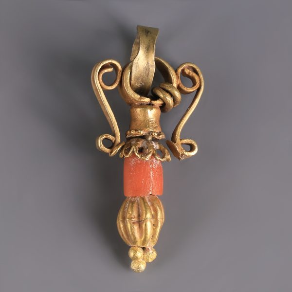 Ancient Greek Hellenistic Gold and Coral Amphora Pendant