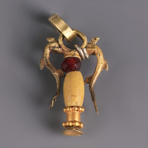 Ancient Greek Hellenistic Gold, Garnet and Hardstone Dolphin Amphora Pendant