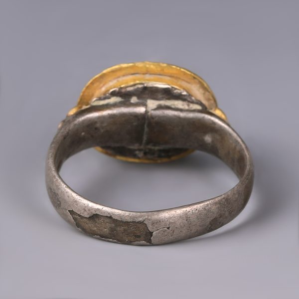 Ancient Roman Silver and Gold Ring with Garnet Intaglio of a Horse