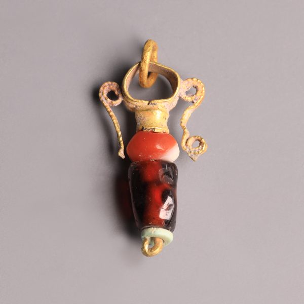 Ancient Greek Hellenistic Gold, Agate, Garnet and Faience Amphora Pendant